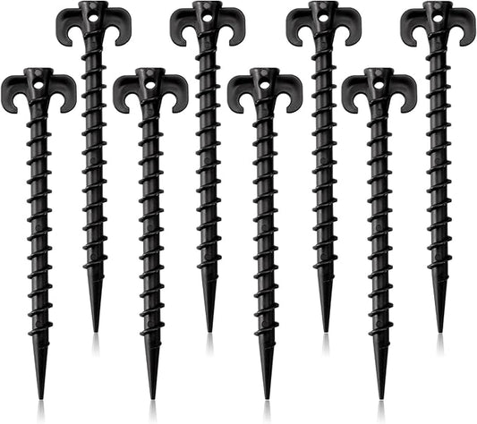 AUGSUN 8 Pack Plastic Tent Stakes Heavy Duty, Black Sand Stakes for Beach 7.5 Inch Screw in Tent Stakes Spiral Ground Anchors Tent Pegs Canopy Stakes for Inflatables Outdoor Camping Hiking Garden Lawn