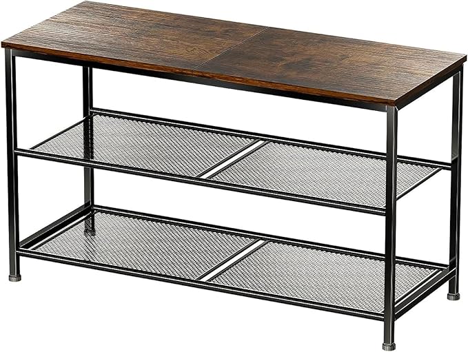 Shoe Rack for Closet, 3 Tier Shoe Organizer for Entryway, Freestanding Metal Storage Shoe Shelf with Wood Top, 8-12 Pairs of Shoes, Rustic Brown Black