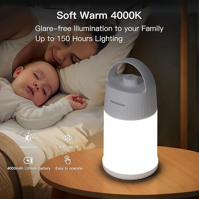 Motion Sensor LED Night Light - Cordless Battery Powered Table Lamp, Portable Lamps Lantern for Outdoor Camping Tents, 4 Brightness Level, Press Dimmable Safe Night Lights, 1 Pack (White)