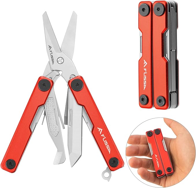 FLISSA Multitool Scissors, 11-in-1 Multi Tool Pocket Knife, Stainless Steel Mini Multitool with Bottle Opener, Screwdriver, Aluminum Handles, Spring - EDC for Outdoor, Camping, Hiking, Fishing, Red
