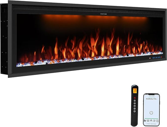Benrocks 60'' WiFi- Enabled Electric Fireplace Inserts - Alexa & App Control, Slim Recessed & Wall Mounted, 13 * 13 * 3 Flame Color Combinations, 750W/1500W, Black