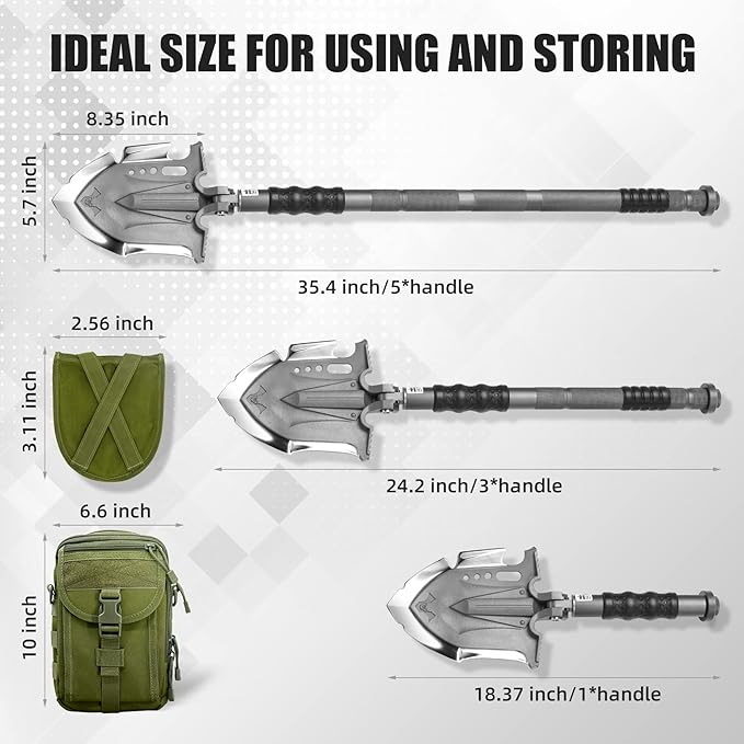Zune Lotoo Survival Shovel Multitool 28 in 1 Luxury Kit, Tactical Camping Folding Shovel, Unbreakable Martensitic Steel Adjustable 7 Angles 24-35.4'' Length, Compact Gear for Outdoor Hiking Emergency