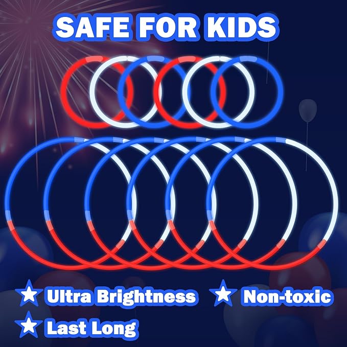 Patriotic Accessories Toys Gifts for Kids ＆ Adults 90 PCS, Red White Blue Glow Sticks Light up Neon Bracelets Necklaces for Parade Throws, Party Favors Supplies Decorations for Labor Veterans Day