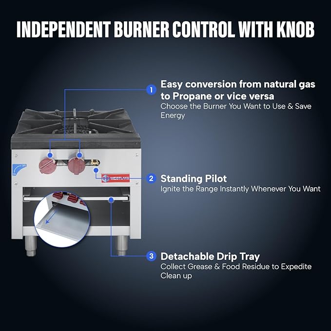 WESTLAKE Commercial Gas Stock Pot Range, Single Burner Natural Gas and Propane Stove with 80000 BTU, 18" W Countertop Cooking Stove Range Commercial Stainless Steel Gas Stock Pot for Restaurant