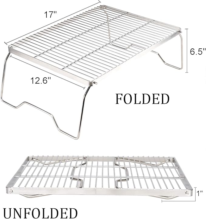 ZORMY 17" Large Folding Campfire Grill, 304 Stainless Steel Firepit Grill Grate, Heavy Duty Portable Camping Grill with Carrying Bag, Gas BBQ Grill Grate for Backpacking, Hiking, Picnics (Large)