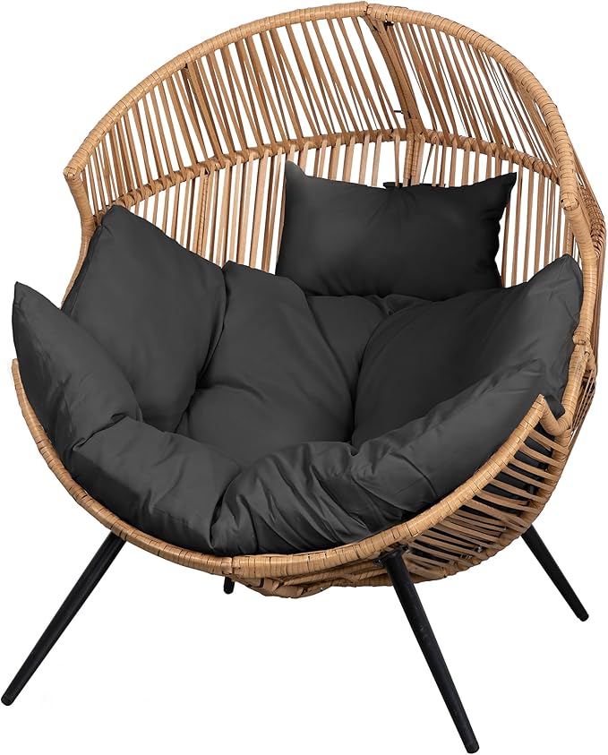 JAMFLY Egg Chair Wicker Outdoor Chairs, Oversized Patio Chair Oversized Lounger Chair with Cushion for Indoor Living Room, Bedroom, Outside Patio Backyard Balcony, Gray Cushion