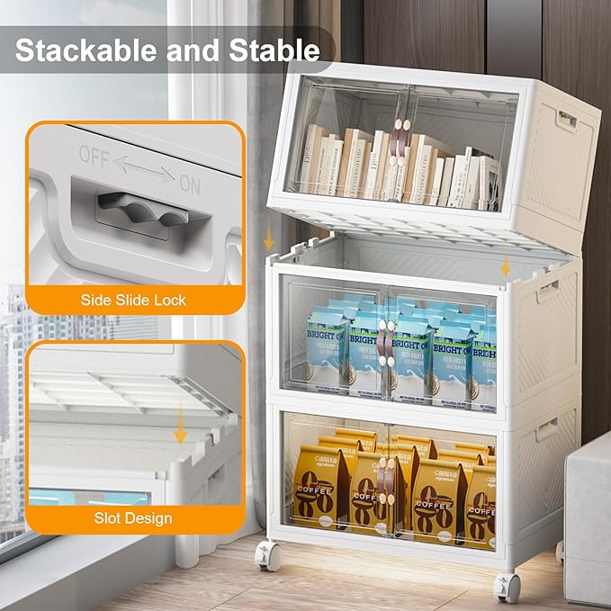 Extra Large Stackable Storage Bins with Lids & Wheels & Door, 672QT-112QT/28GAL*6Pack Foldable Collapsible Closet Organizers, Plastic containers drawers for bedroom Dorm