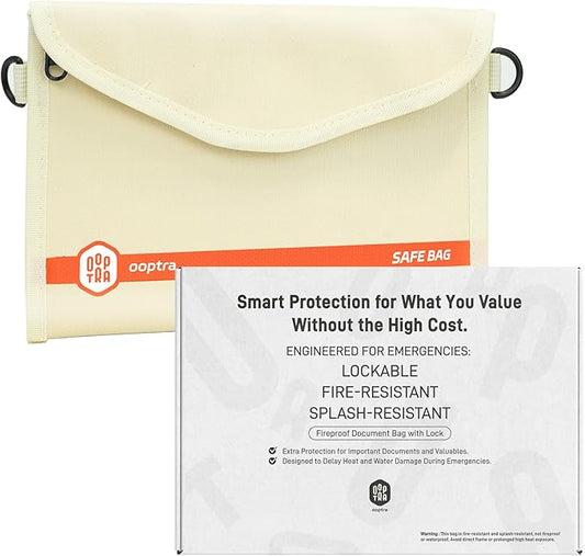 Fireproof Document Bag (Beige) – Waterproof Zipper – Lightweight & Portable – for Home, Office & Travel – Holds Files, Cash, Passport, Valuables – Fire & Water Resistant – with External Buckle