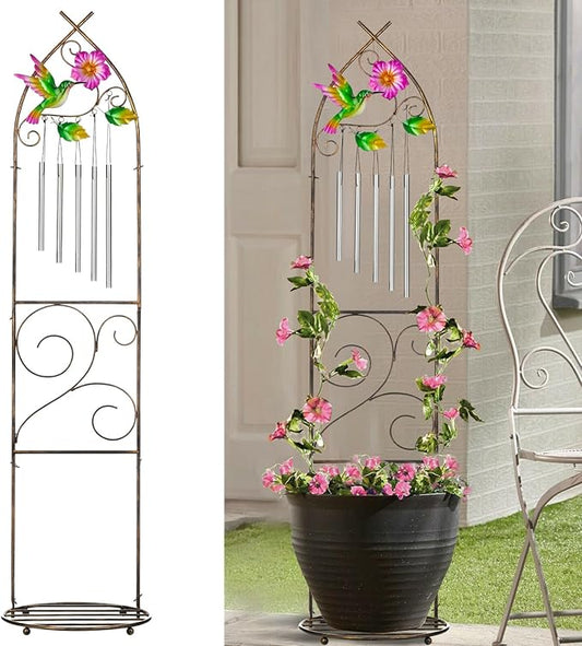 Garden Trellis with Plant Stands, 48” Metal Detachable Hummingbird Plant Pot Trellis with Wind Chimes for Climbing Plants Outdoor Lawn Patio Porches Decor