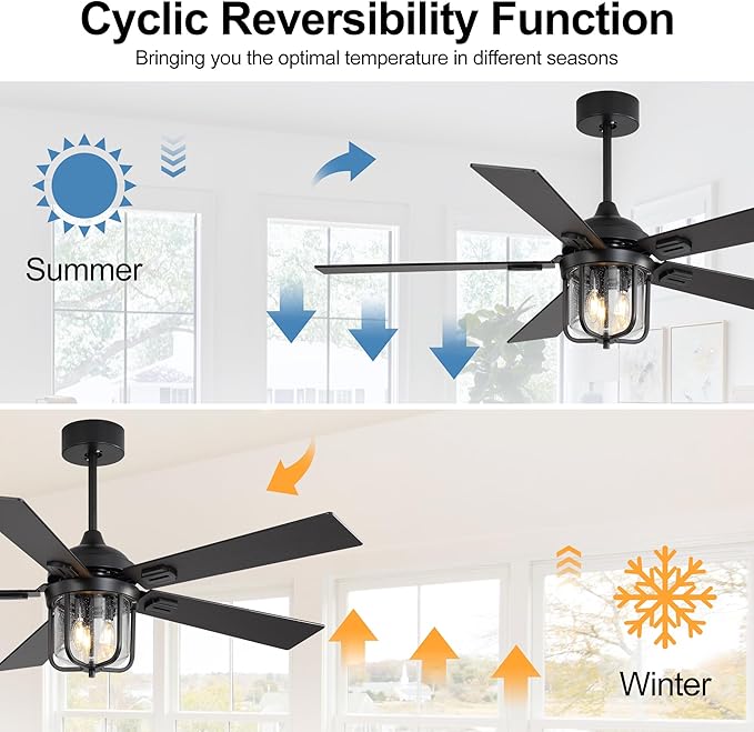 52 Inch Outdoor Ceiling Fan,IP65 Waterproof and Moisture-Proof Ceiling Fan,with Light and Remote Control,6-Speed Reversible DC Motor,Suitable for Pavilions and Terraces.Black