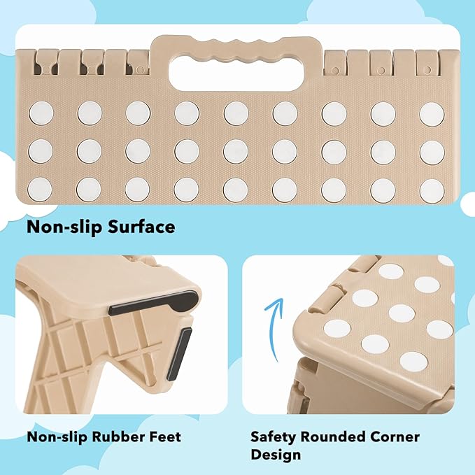 ACKO Folding Step Stool 9 Inch 300 lb Capacity, Plastic Foldable Step Stools for Kids and Adults, Folding Stools Suitable for Kitchen, Stepping Stool with Handle Khaki 1PC