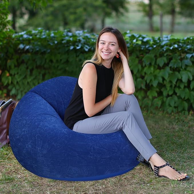Realspring Inflatable Bean Bag Chairs Outdoor Blow up Camping Chairs Inflatable Lazy Sofa Folding Portable Bean Bag Loungers Couch for Movie Night(Dark Blue,2 Pcs)
