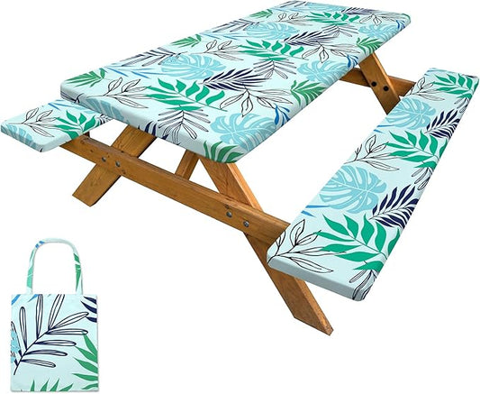 Picnic Table Cover with Bench Covers Camping Tablecloth with Storage Bag Windproof Waterproof Picnic Table Covers with Elastic for Camping