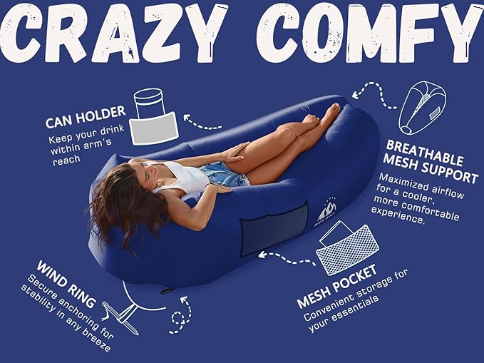 WEKAPO Inflatable Couch with Pump - Easiest Setup, Crazy Comfy & Ultralight - Blow up Lounger Chair Perfect for Hiking, Camping, Beach, Festivals - Lightweight Air Sofa for Relaxing Anywhere (Navy)