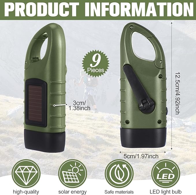 Leelosp 9 Pieces Hand Crank Flashlight Solar Powered Flashlight for Emergencies Dynamo Rechargeable LED Survival Light for Outdoor Sports Hiking Camping (Green)