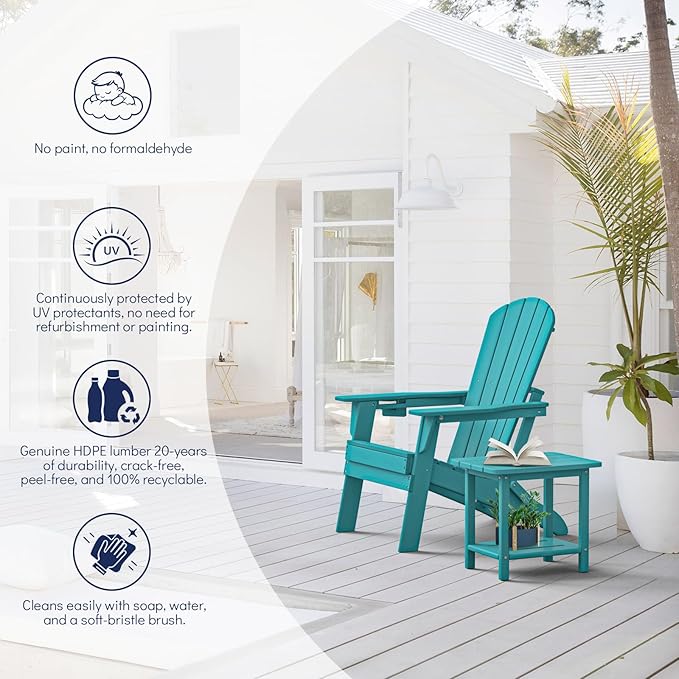 Folding Adirondack Chair, SGS Tested, Wooden Textured with Cup Holder, Heavy All-Weather HDPE Comfortable Set Poolside Backyard Lawn Aruba Blue Set 4