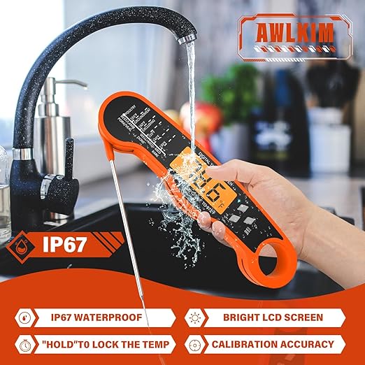 AWLKIM® Meat Thermometer Digital - Fast Instant Read Thermometer for Cooking, Grilling, Candy Making, IP67 Waterproof with Backlight,Christmas Stocking Stuffers Gifts for Men, Dad, Husband - Orange