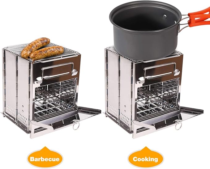 Portable Folding Camping Wood Stove for Outdoor Cooking, Sturdy Lightweight 304 Stainless Steel Wood Burning Camp Stove with Grill for Backpacking BBQ Small/Large (Large)