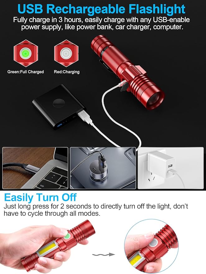 Rechargeable LED Flashlights, Magnetic Flashlight Tactical Super Bright with SideLight,USB Rechargeable,Zoomable,Waterproof Best Small Flash Light for Camping, Emergency Red