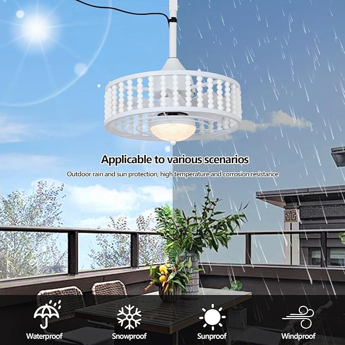 Outdoor Ceiling Fans with Lights and Remote, Waterproof LED Dimmable Ceiling Fan, Reversible, 3CCT, 6 Wind Speeds, White Plug in Ceiling Fan, Farmhouse Boho Hanging Gazebo Fan for Patios Porch Indoor