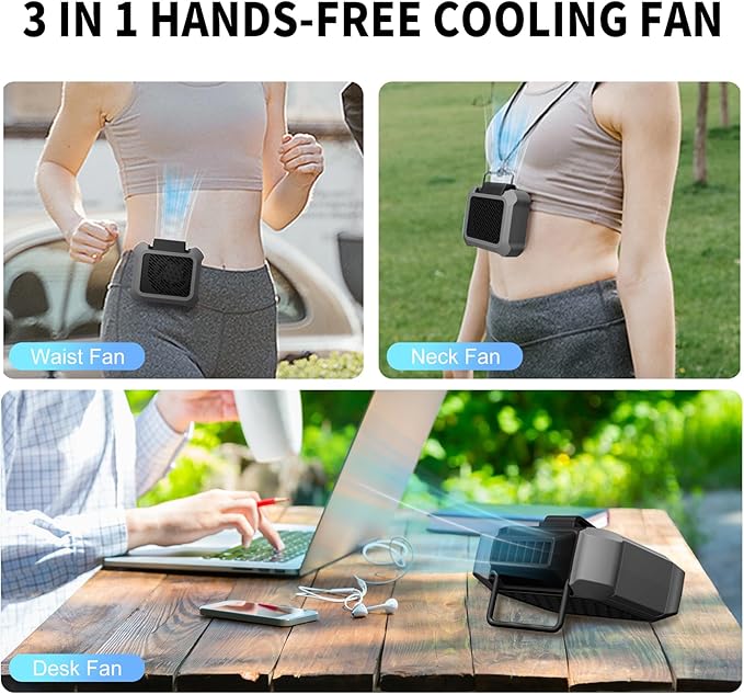 Portable Waist Fan, Personal Clip on Fan Rechargeable Hands-Free Hanging Neck/Desk Fans with 3-Speed Settings & LED Light, Small Wearable Cooling Belt Shirt Fans for Camping Travel Outdoors