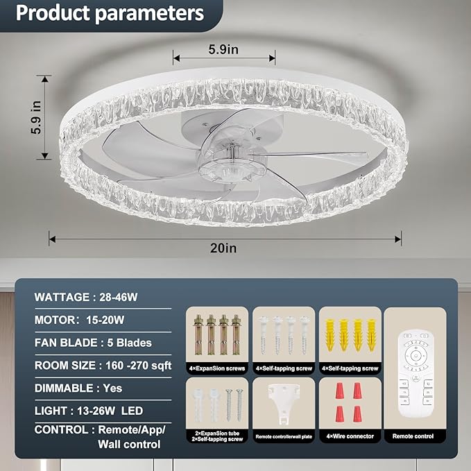 Low Profile Ceiling Fans with Lights and Remote, Fandelier Ceiling Fan Flush Mount, 3000K-6500K Smart 5 Fan Blades LED Fan Light, Modern Ceiling Fans with Lights for Bedroom