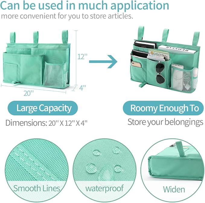 Bseash Bunk Bed Organizer, Bedside Caddy Hanging Bed Organizer Storage Bag 8 Pockets, for College Dorm Rooms Bed, Hospital Bed, Baby Bed Rails, 600D Oxford Cloth (Light Green)
