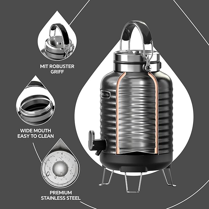 IDEUS Insulated Beverage Dispenser 5.2L, All-in-one for Camping Vacuum Double-Wall Stainless Steel Water Cooler Coffee Carafe Jug Leakproof Drink Container with Handle, Spigot & Stand (Black)
