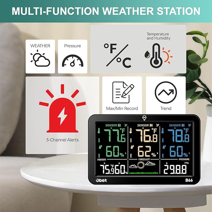 OBET Weather Station Wireless Indoor Outdoor Thermometer with 3 Sensors, Temperature Humidity Monitor with Alerts 500ft Range and 3 Adjustable Brightness
