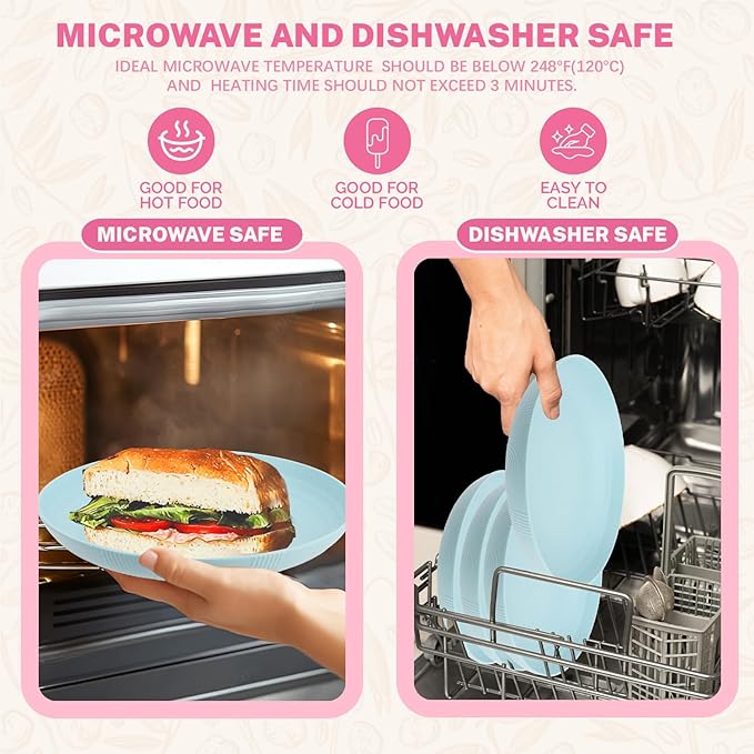 Homienly Wheat Straw Plates, Salad Plates 10 inch Set of 8, Reusable Plates for Kitchen, Kids, Camping, Picnic, Party, Microwave and Dishwasher Safe Plate Set for Kids - Light Blue