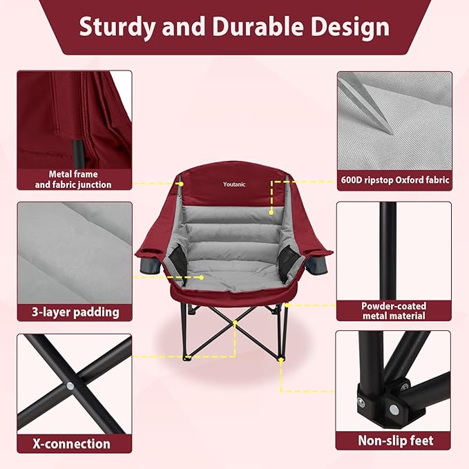 Oversized Camping Chair, Portable Folding Camping Chairs with Side Pocket, Cup Holder and Carry Bag, Heavy Duty Outdoor Camping Chairs for Adults, Fishing, Sports, Trip, up to 400lbs, Style 3