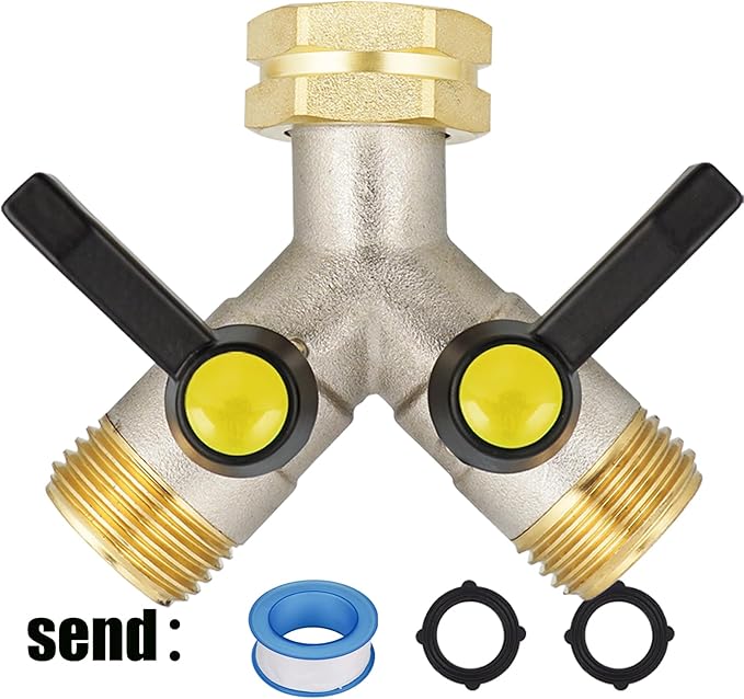 EJW Garden Hose Splitter 2-Way Heavy Duty, Y-Valve Garden Hose Faucet Splitter, 3/4” GHT Threads,Outdoor Faucet Splitter，Brass High Flow, Garden Hose Y-Splitter 2-Way,Y-Valve Full Flow Hose Splitter.