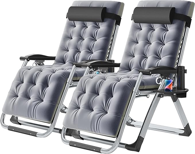 NAIZEA Padded Zero Gravity Chair, Folding Outdoor Lounge Chairs, Adjustable Reclining Camping Chairs with Cup Holder, Ergonomic Patio Lawn Chair for Balcony Beach Deck Yard