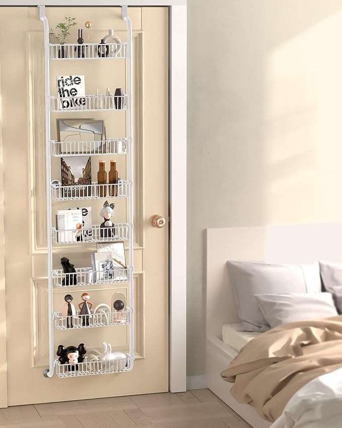 TIMEBAL 8 Tier Over the Door Pantry Organizer, and Storage Rack with 8 Full Baskets, Metal Hanging & Wall Mounted Kitchen Storage Spice Rack, Bathroom Over Door Organizer-White