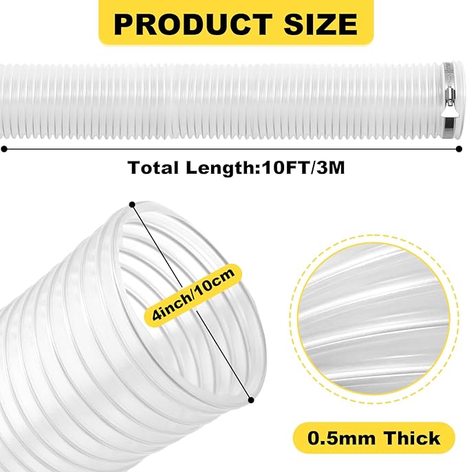 4"x10'Dust Collection Hose，4 inch Collector Flexible Tube with 304 Stainless Steel Clamps,PVC 4 Dust Collection Hose- Puncture Resistant (4" x 10')
