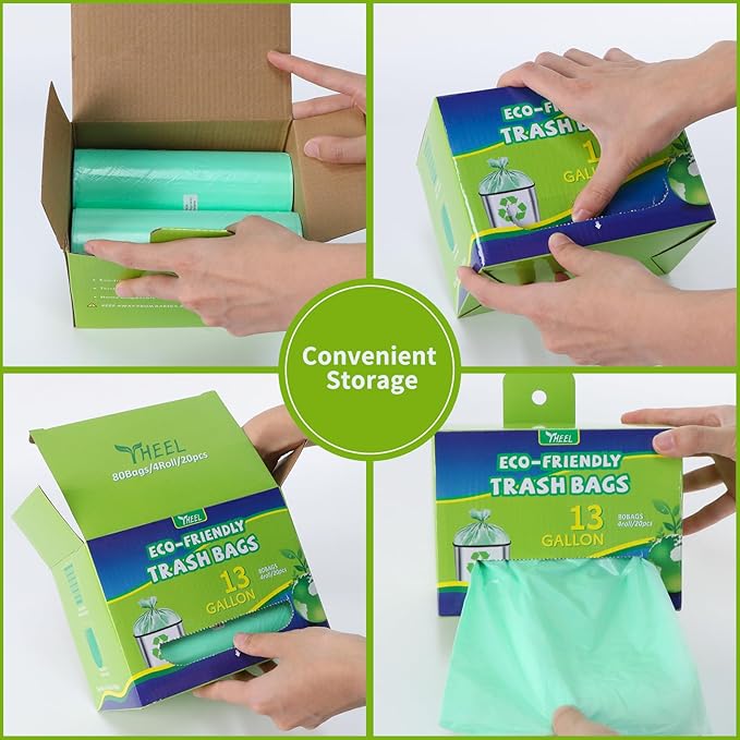 Kitchen Trash Bags 13 Gallon: Biodegradable Tall Kitchen Garbage Bags Strong Unscented Recycling Bags for Home/Office (Green, 80 Counts)