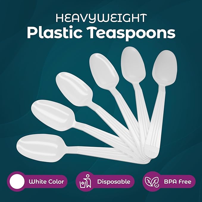 500 Count – Heavyweight Disposable White Plastic Tea Spoons | Dessert Spoons Plastic | Great for Celebrations, Parties, Travels, Events, and Everyday Use