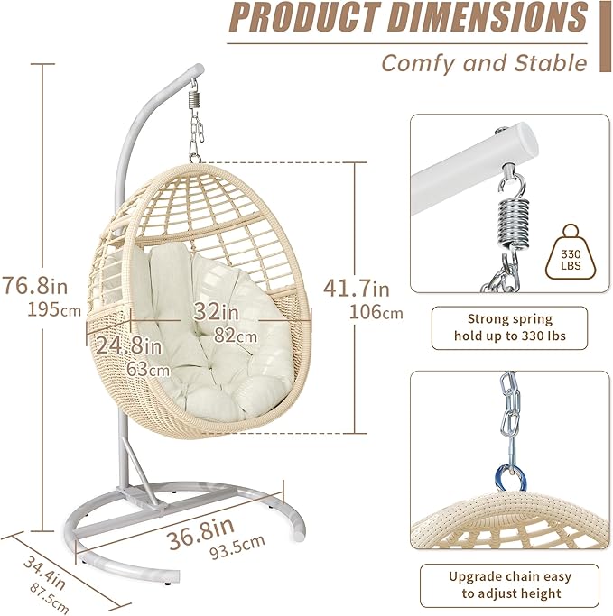 TWT Hanging Egg Chair with Stand, 330lbs Capacity Patio Wicker Egg Swing Chair with UV Resistant Cushion for Bedroom Garden Indoor Outdoor (Beige)