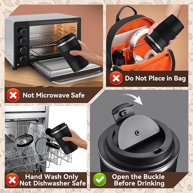 12OZ Travel Coffee Mug Insulated Coffee Cup with Spill Leak Proof Lid, Portable Stainless Steel Tumbler Reusable Hot and Cold Water Mug for Car, Daily, Camping-Black