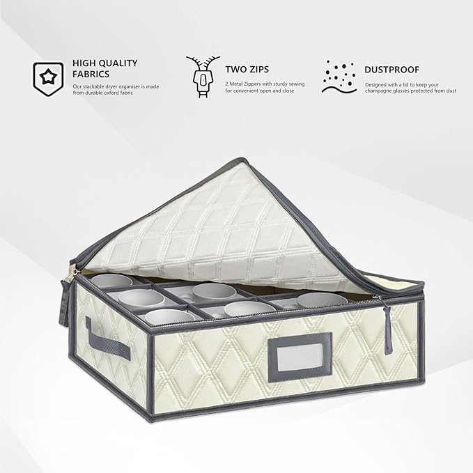 VERONLY Mug and Cup Storage Box with Dividers - 1 Pack China Storage Bin Containers Holds 12 Glassware, Stackable Coffee Mug Organizer Bin and Tea Cup with 2 Metal Zipper,Label and Handles