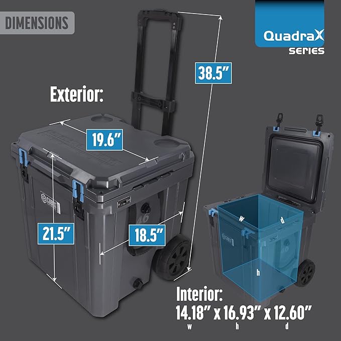 QuadraX 46QT Wheeled Rotomolded Portable Hard Cooler for Camping, Fishing, Beach | Heavy Duty Insulated Ice Chest with Wheels and Handle | Cold Retention 5 Days