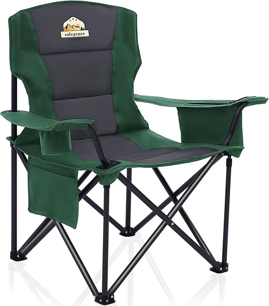 Oversized Folding Camping Chairs - 450 LBS Support Heavy Duty Camp Chair with Padded Cushion, Portable Outside Chairs with Carry Bag，Cooler, Cup Holder for Outdoor, Lawn, Sports - Green