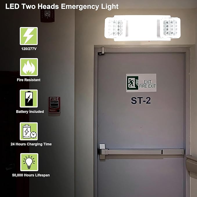 LIT-PaTH LED Emergency Lighting Fixtures with 2 LED Heads and Back Up Batteries- US Standard Exit Light, UL 924 and CEC Qualified, 120/277 Voltage, 12-Pack