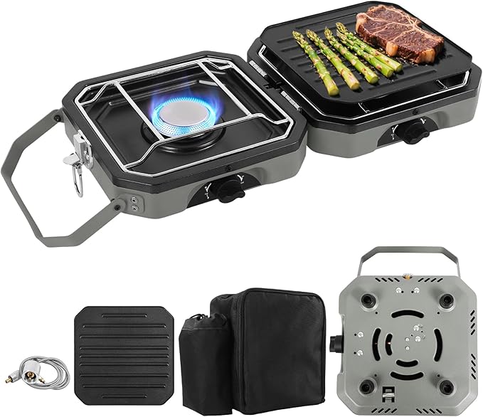 Dollate 2-Burner Propane Stove with Griddle and Carrying Bag, Portable Foldable Camping Stove with 2 Adjustable Burners 16000 BTUs,for Camping Tailgating Essentials Gear (Green)