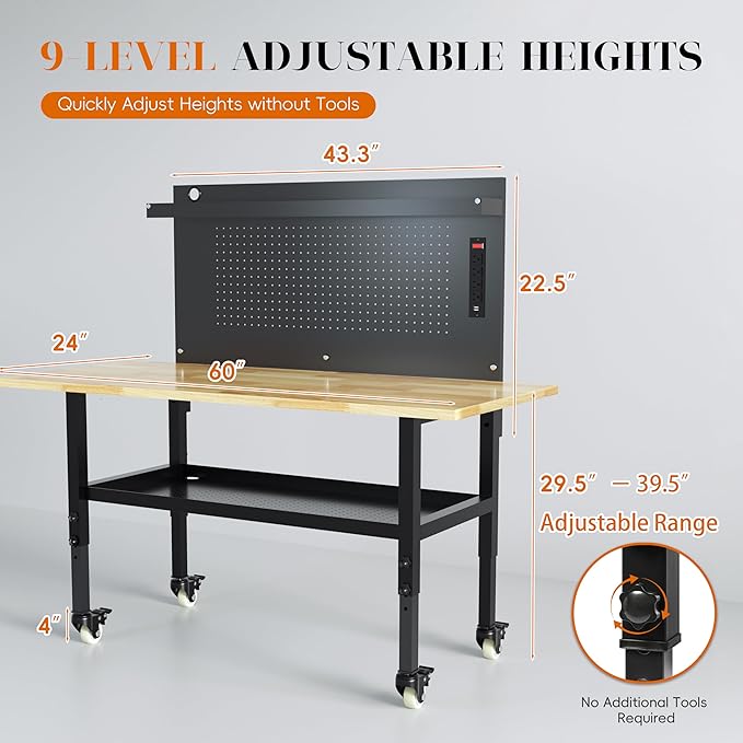 60" Heavy Duty Adjustable Workbench with Large Pegboard& Partition, Adjustable Work Table with Power Outlets & Lockable Wheels, Rubber Wood Workstation for Garage, Workshop, Office, Home, Commercial