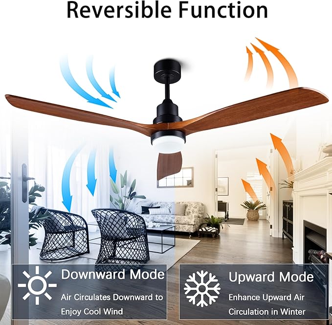 60” Ceiling Fan [with Lighting Remote], Indoor Outdoor Mute, Modern Wooden Ceiling Fan [with 3 Solid Wood Blades] for Patio, Living Room, Bedroom, Hallway.