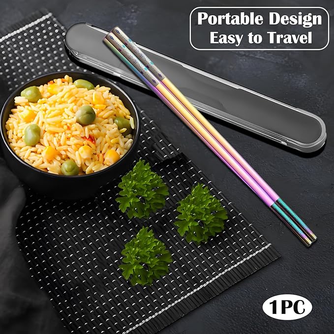 Metal Chopsticks Reusable 1 Pair Stainless Steel Travel Chopsticks Dishwasher Safe Square Lightweight Non-Slip Chop Sticks with case (Colorful Waterdrop Diamond)