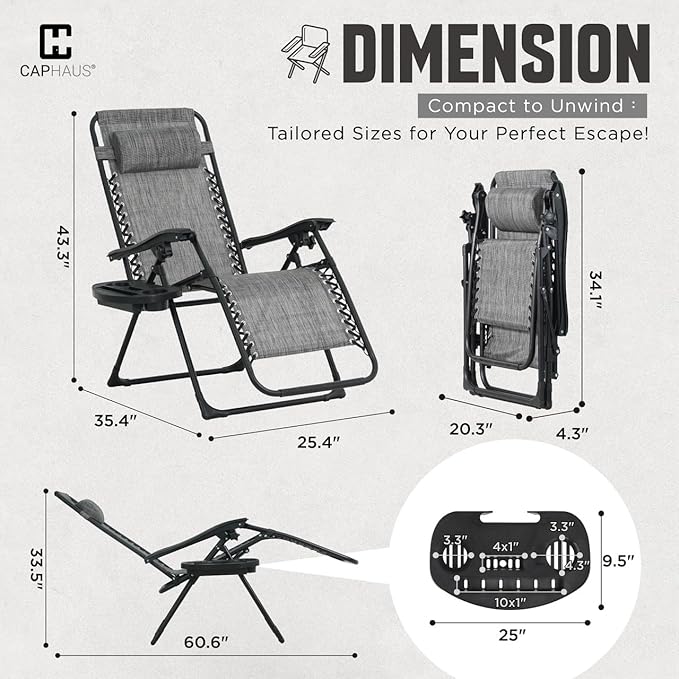 CAPHAUS Grey Zero Gravity Chair, Zero Gravity Recliner, Zero Gravity Lounge Chair, Reclining Outdoor Chair, Anti-Gravity Chair for Indoor & Outdoor, Folding Reclining Chair w/Side Tray, Grey