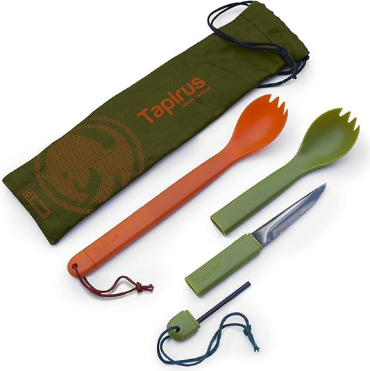 Tapirus Spork Tactical 2-pack Orange/Green | BPA Free Spork, Stainless Steel Knife and Fire Starter | 3 in 1 multipurpose utensil | Hiking, camping & backpacking gear | Fit for MRE
