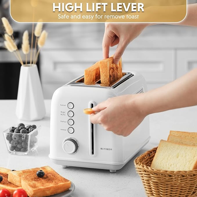 BUYDEEM DT620 2-Slice Toaster, Extra Wide Slots, Retro Stainless Steel with High Lift Lever, Bagel and Muffin Function, Removal Crumb Tray, 7-Shade Settings,Arctic White